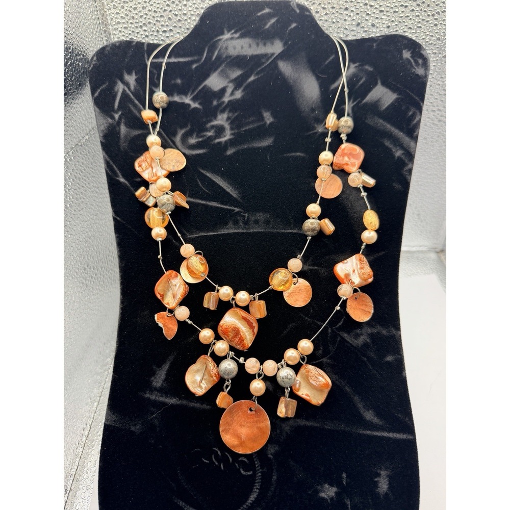 Vintage Wispy Demure Shell Multi Strand Necklace Dyed Shells Orange Tone Beaded